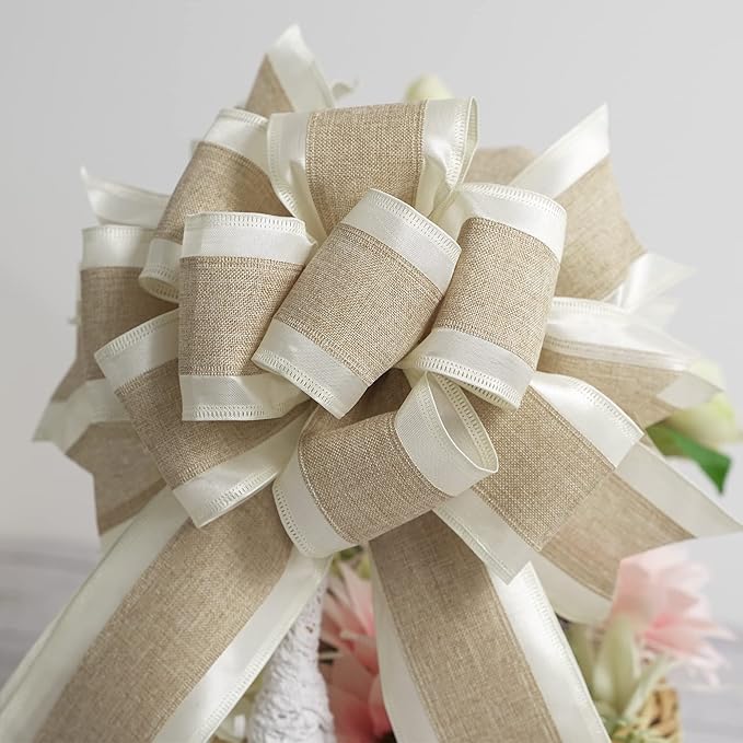 MEEDEE Burlap Wired Ribbon with Satin Edge - White Stripe, 2.5 Inch, 10 Yards for Wreath, Garland, Topper, Bow Making, Fall, Christmas, Wedding Decorations