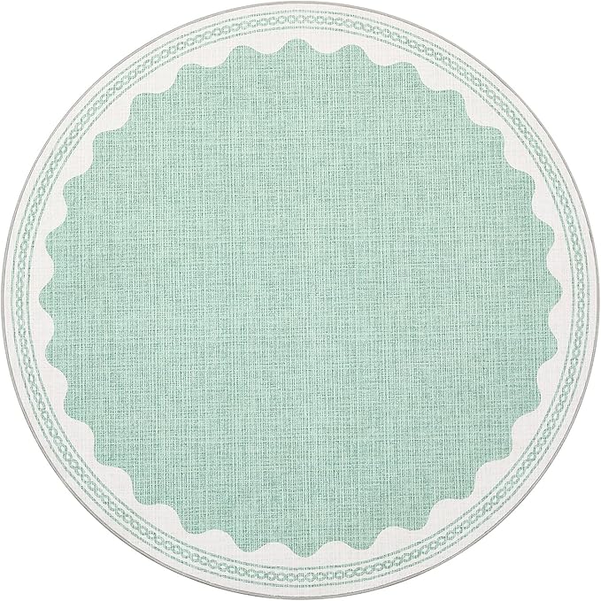 Scalloped Round Rug 4ft, Small Area Rugs Solid GreenRug for Bedroom Girls, Washable Rugs for Living Room, Non Slip Scalloped Round Bath Mat, Soft Dorm Nursery Carpet for Bedside