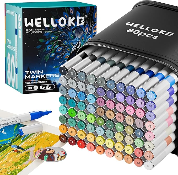 80 Colors Dual Tip Acrylic Paint Markers, Fabric Markers, Brush Tip Permanent Acrylic Paint Pens for Wood, Glass, Rocks, Paper, Coloring book,Ceramic,DIY Crafts for Adults,Kids and Art School Supplies