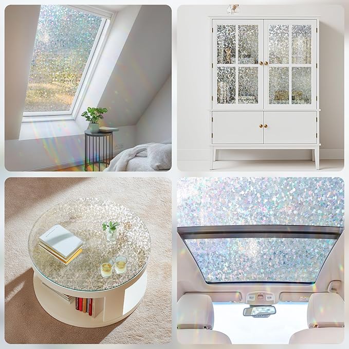 Haton Window Privacy Film, Rainbow Stained Glass Window Clings, 3D Decorative UV Sun Blocking Sticker, Removable Static Cling Heat Control Tint for Home Door, 17.5" x 78.7" Non-Adhesive