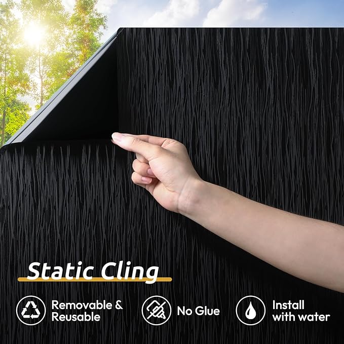 rabbitgoo Blackout Window Film, Sun Light Blocking Window Black Out Cover for UV Reduction, Removable Tint Room Darken Heat Control Frosted Glass Sticker for Home, Black, 35.4 x 157.4 Inches