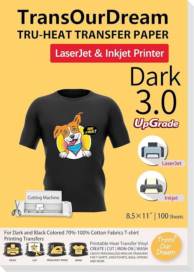 TransOurDream Iron on Heat Transfer Paper for Dark T Shirts (100 Sheets 8.5x11, Dark 3.0) Printable HTV Heat Transfer Vinyl for Inkjet & Laserjet Printer Iron On transfers for T Shirts (TRANS-D3-100)