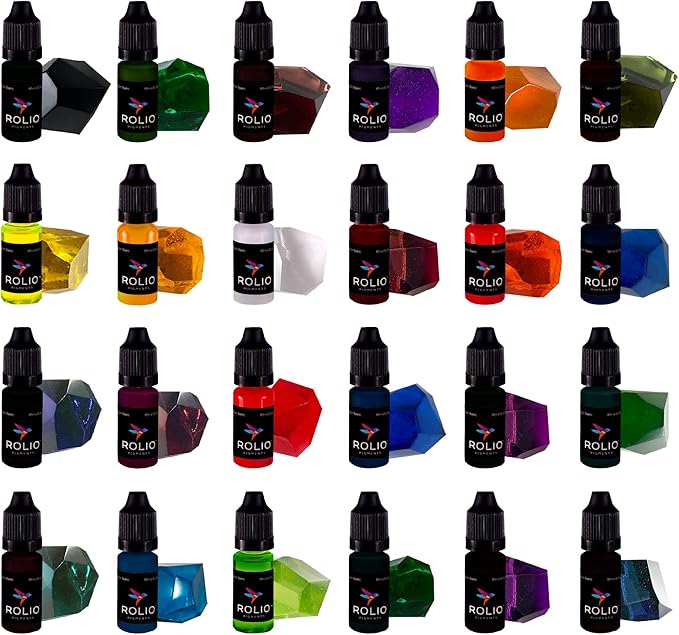 Rolio Pigments Resin Liquid Pigment Transparent Colors - 24 Vibrant Colors for Epoxy Resin, 3D Printer, Jewelry Making, Paint, Art Works, DIY Crafts - 0.33 oz/10 ml Each
