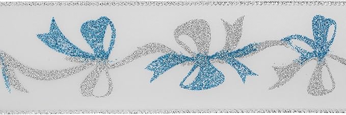 MEEDEE Blue & Silver Christmas Ribbon, 2.5 Inch Wired Satin Ribbon with Turquoise & Silver Glittery Bows, 10 Yards (30 Feet), Perfect for Tree, Garlands, Toppers & Bows