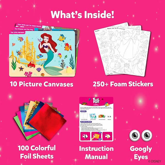 Skillmatics Foil Fun - Disney Princess, Mess-Free Art & Craft Kits for Kids, DIY Creative Travel Toys, Perfect Christmas Gifts for Fans of Moana, Cinderella, Ariel, Jasmine, Ages 4, 5, 6, 7, 8, 9