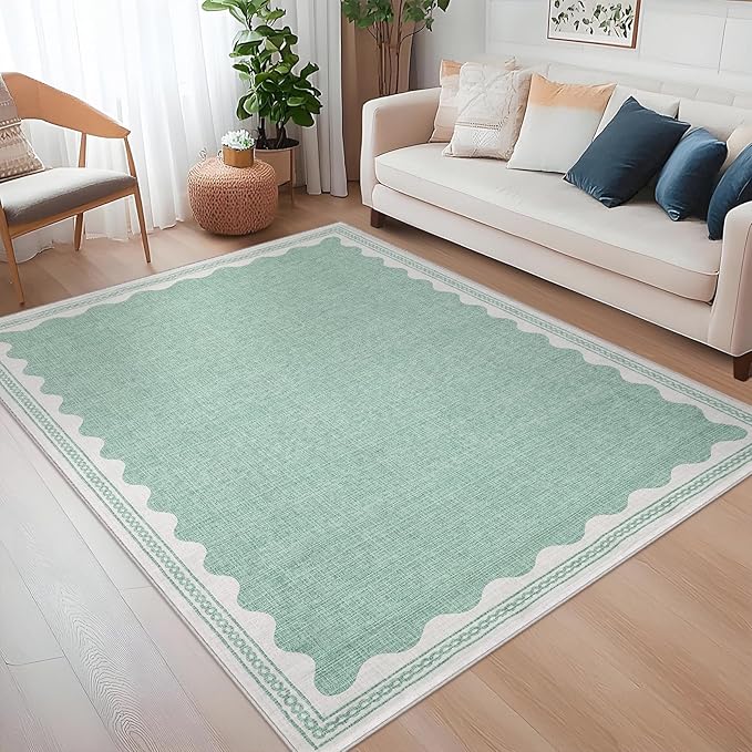 Scalloped Rug 4x6 Rugs for Entryway, Small Area Rugs Solid Green Rug for Bedroom Girls, 4x6 Washable Rugs for Living Room, Non Slip Scalloped Bath Mat, Soft Dorm Nursery Carpet for Bedside