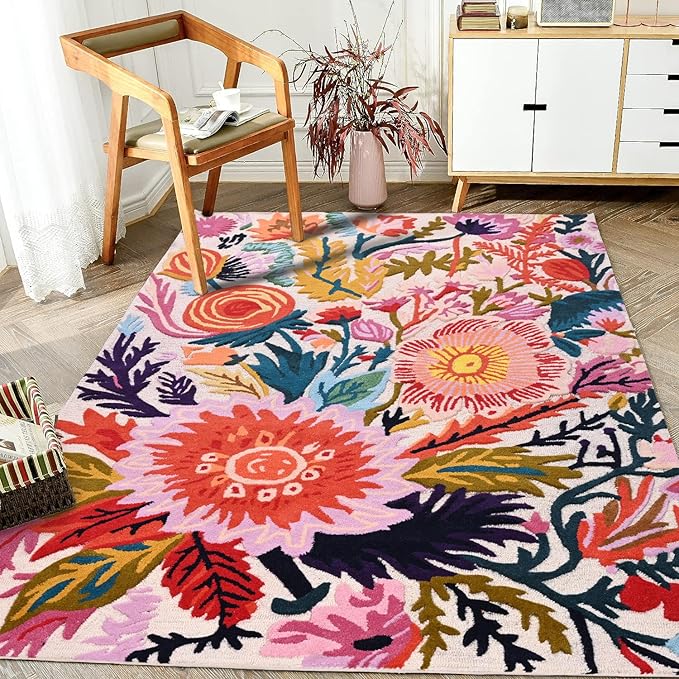 Handmade Wool Floral Area Rug for Living Room | Elegant Flower Garden Design, Soft, Thick and Durable | Bedroom, Dining Room & Home Decor Carpet (8' Round, Floral E)