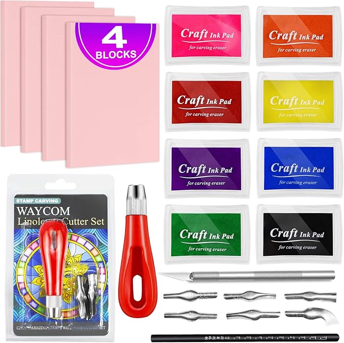 WAYCOM 18 Pcs Rubber Stamp Making Kit, Linoleum Cutter Set, Craft Ink Pad, Hobby Knife, Pencil for DIY Stamp Carving Craft