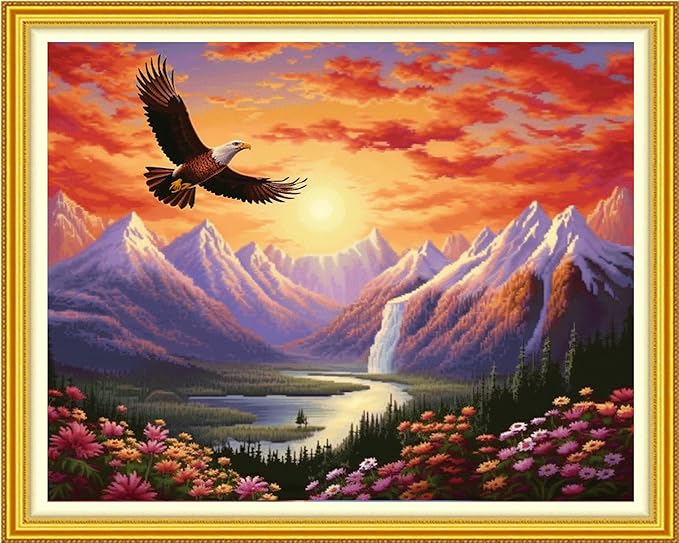 Funchey Stamped Cross Stitch Kits, DIY Cross Stitch Pattern for Adults Beginners Needlepoint Kits Embroidery Kit Arts and Crafts 11CT-Mountain and River Owl 16x20 inch