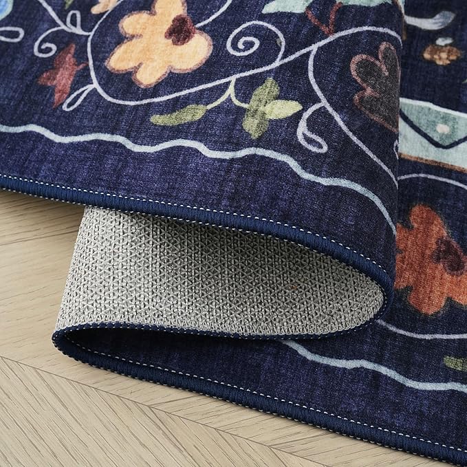 Rugcomf Area Rugs 8x10 Rug for Living Room Clearance Washable Boho Area Rug Non Slip Floral Animal Cat Vintage Low Pile Large Rug for Bedroom Farmhouse Dining Room Kids Playroom, Cobalt Blue