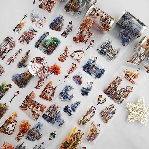 PET Tape Stickers for Journaling,6 Rolls Transparent Street Landscape Stickers for Scrapbook Supplies,Junk Journal,DIY Arts Crafts(Street Corner Travels)