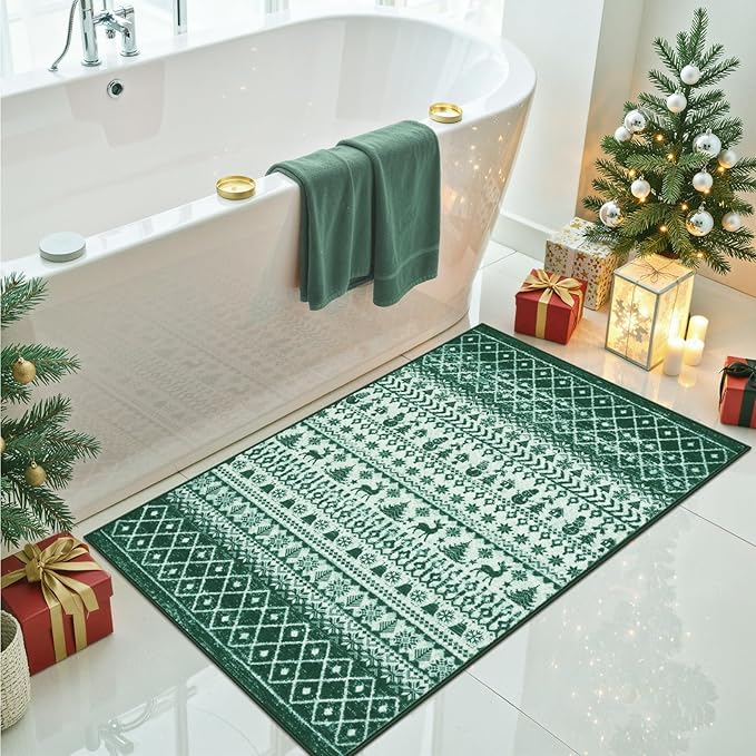 2025 Christmas Rugs for Entryway, 2x3 Washable Door Mat Indoor Entrance, Low Pile Soft Non Slip Green Kitchen Rug, Xmas Holiday Decor Floor Carpet for Bedroom Bathroom Laundry Bedside Sink
