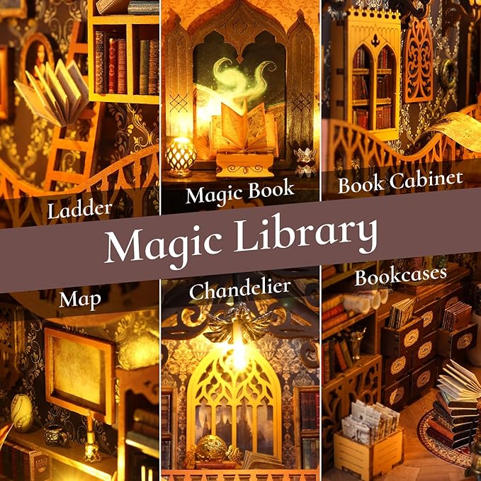 TuKIIE DIY Book Nook Miniature Kit, Booknook Dollhouse Bookshelf Insert with Sensor Light & Dust Proof, Wooden Decorative Bookend Stand Model Kits for Kids Teens Adults(Magic Library)