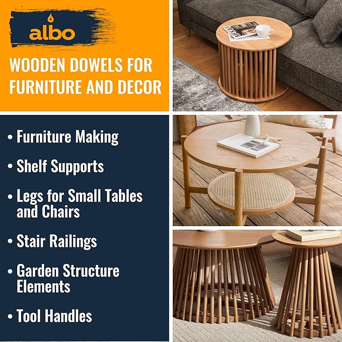 ALBO 1" x 24" Wooden Dowel Rods Set - 5 Pack Birch Natural Heavy Duty Hardwood Craft Sticks Furniture Woodworking Smooth Sanded Finish Railings Supports Decor Crafts Bulk Professional Pack