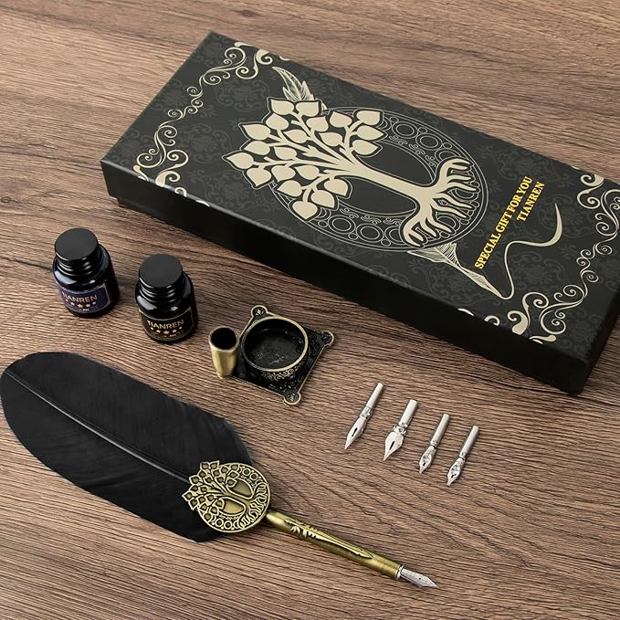 Quill pen ink set,Feather Pen and Ink Set,Antique Calligraphy Pen with 4 Replaceable Nibs,2 Bottle of ink,Feather Dip Pen Holder Christmas Gift for Men&Women.(Black)