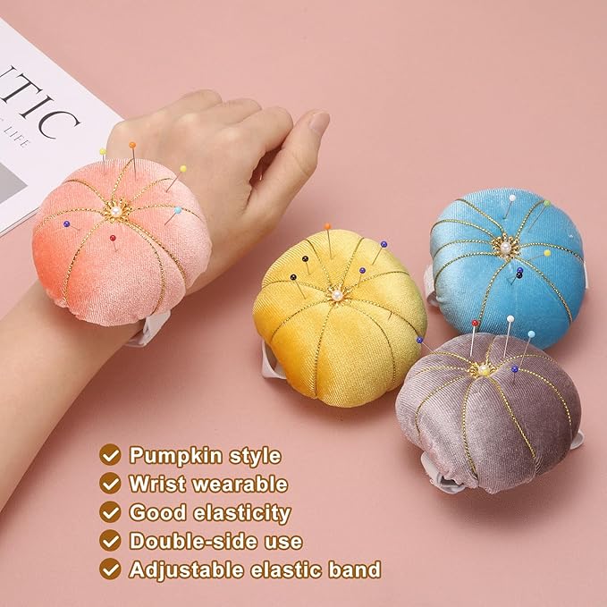 HARFINGTON Wrist Pin Cushion Wristband Sewing Pincushion Polyester Pin Holder Wearable Pumpkin Shaped Needles Wristband for Sewing Quilting Needlework DIY Crafts, Black