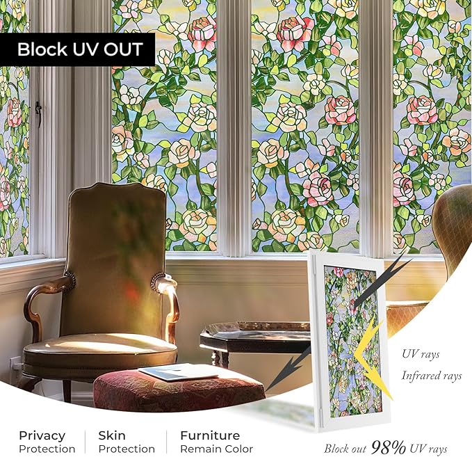 3D Stained Glass Window Film, Decorative Window Privacy Film for Bathroom, Front Door, Home, Sun Blocking Heat Control, Static Cling, Beast Rose 23.6inch x 35.4inch