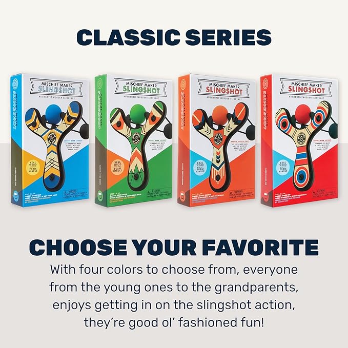 Mighty Fun! - Mischief Maker® Wooden Slingshot - Classic Series - Real Wood Slingshot for Kids, 4 Soft Foam Balls and Storage Bag - Ages 4+ (Orange)