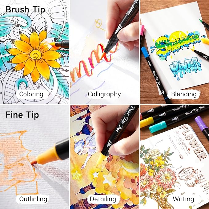 Shuttle Art Dual Tip Brush Marker Pens, 25 Colors Water-based Ink, Fine and Brush Tip Marker Set with 1 Coloring Book for Kids Adult Artist Calligraphy Hand Lettering Journal Doodling Writing