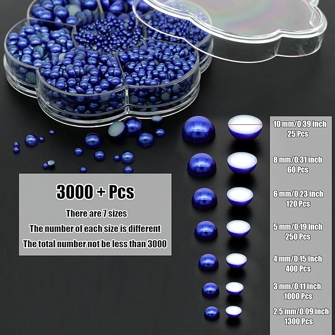 YAKA 3000PCS 1 Box 7Sizes 2.5/3/4/5/6/8/10mm Flat Back Half Round Pearl Cabochon Bead Loose Beads Gem for Nail Craft Scrapbook DIY Decoration (Bronze Blue)