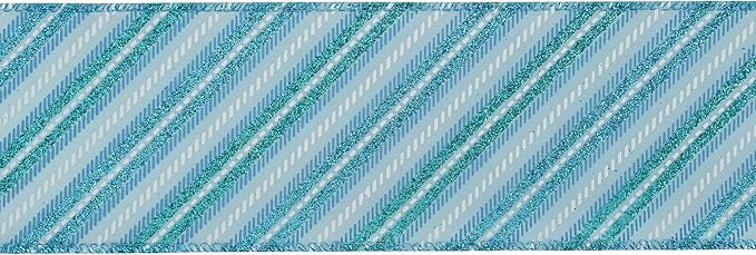 MEEDEE Blue Diagonal Stripe Ribbon 2.5 Inch Blue Satin with Turquoise and Teal Glitter Wired Ribbon for Wreath Bow, Topper Bow, Tree, Garlands (10 Yards)