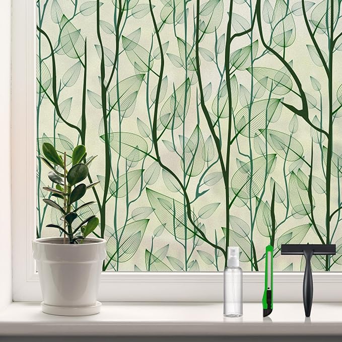 DKTIE Window Film Privacy with Installation Tools, Decorative Stained Glass Window Clings for Home, Static Cling Window Sticker for Front Door, Bathroom, Glass Door (Dark Green, 35.4'' x 78.7'')