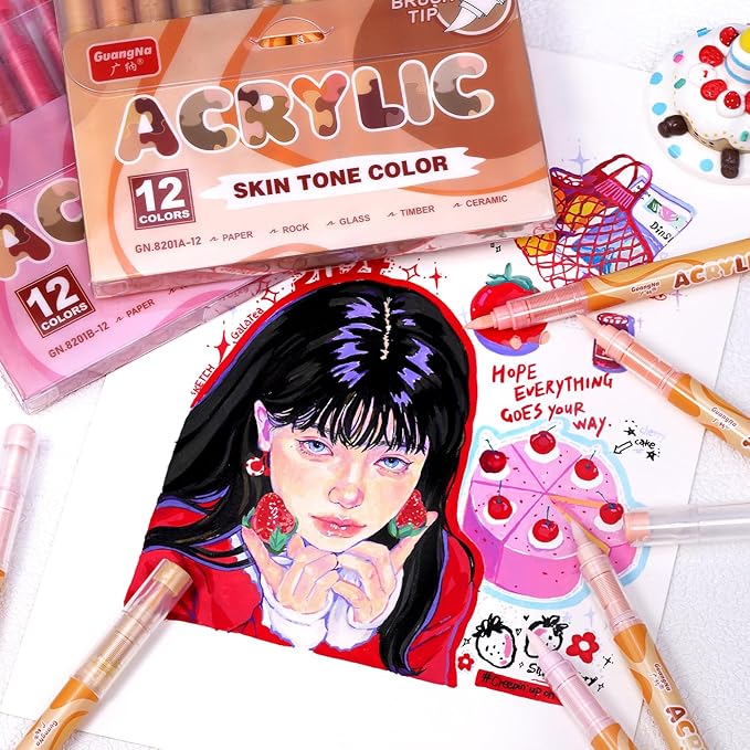Guangna Acrylic Paint Markers 12 Colors, Skin Tone Series Set with Soft Brush Tip Water Based, Fine Tip Markers for Wood, Canvas, Rock Painting, Glass, Diy Crafts, Fabric Paint