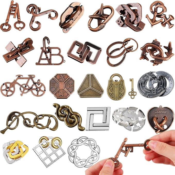 Yilloog 24 Pcs Metal Brain Teaser Puzzles Assortment for Adults Difficult Magic Puzzles Highly Hard Brain Games Iq Logic Test Disentanglement Game for Classroom Mind Challenge(Classic)