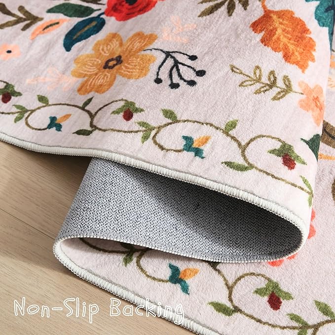 Rugcomf Area Rug 4x6 Rug Washable Boho Rugs Non Slip Low Pile Floral Small Carpet for Bedroom, Bedside, Kids Room, Office, Dining Room(Beige)