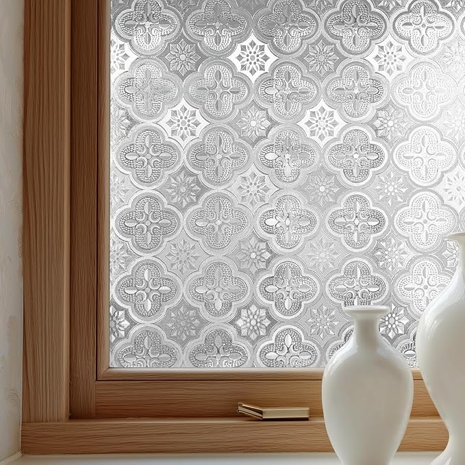 Window Privacy Film Decorative for Front Door, Bathroom Static Cling Stained Glass Sticker Opaque Heat Control UV Blocking Non-Adhesive for Home Windows 35.4 X 118.1 inches