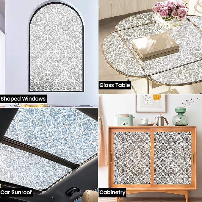 DKTIE Bohemian Decor Stained Glass Window Film with Installation Tools, Two-Way Window Privacy Film, Reduce Glare, Pure White, 35.4 x 78.7 Inch