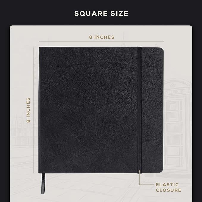Beechmore Books Square Sketchbook – 8x8 Premium Vegan Leather Bound Large Sketch Book Hardcover with 156 Thick 160gsm Perforated Ivory Pages, Blank Sketch Pad, Gift Boxed Back Pocket, Ribbon Bookmark