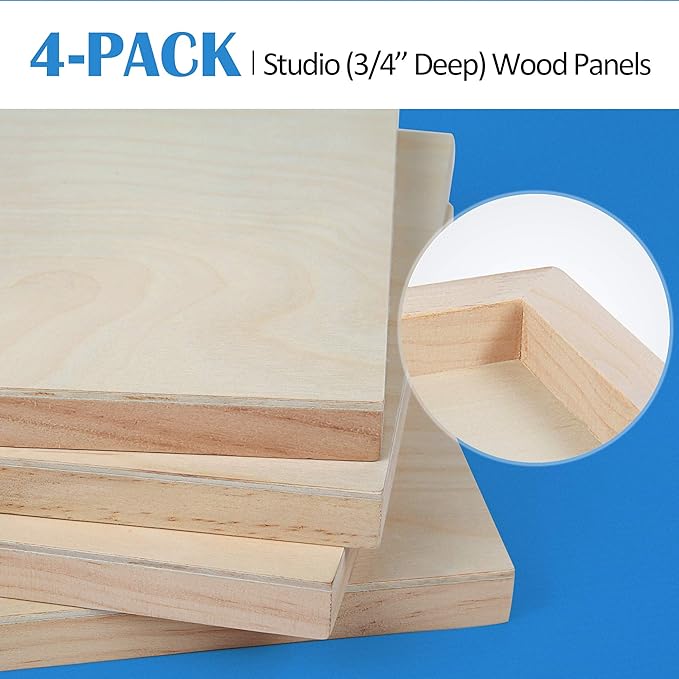 Falling in Art Unfinished Birch Wood Canvas Panels Kit, 4 Pack of 2 Sizes 11x14' and 9x12' Studio 3/4’’ Deep Cradle Boards for Pouring Art, Crafts, Painting, and More