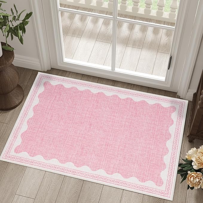 Scalloped Rug 2x3 Rugs for Entryway, Solid Pink Rug for Bedroom Girls, Small Washable Rugs Non Slip Scalloped Bath Mat, Front Door Mat Indoor Entrance, Soft Dorm Nursery Carpet for Kitchen
