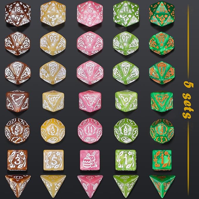 CiaraQ Polyhedral Dice Set, 5 Colors with 5 Decorative Pouches, 7 Pieces per Set, Fantasy RPG Gaming Dice/DND Dice/Role Playing Dice, Easter Themed