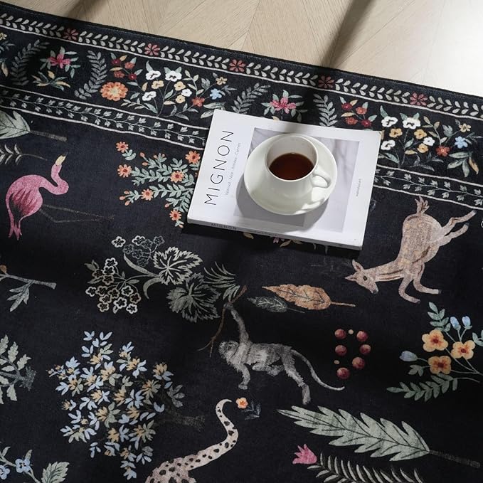Rugcomf Area Rug 4x6 Rug Washable Boho Rugs Non Slip Low Pile Floral Animal Small Carpet for Bedroom, Bedside, Kids Room, Office, Dining Room (Black)