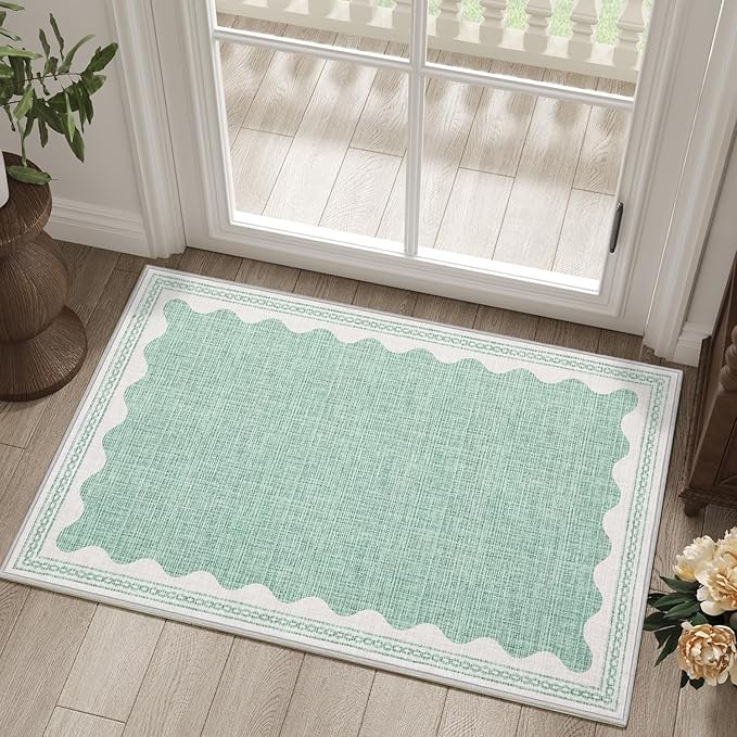 Scalloped Rug 2x3 Rugs for Entryway, Solid Green Rug Small Area Rugs Non Slip Scalloped Bath Mat, Washable Front Door Mat Indoor Entrance,Soft Girls Nursery Dorm Carpet for Bedroom Kitchen