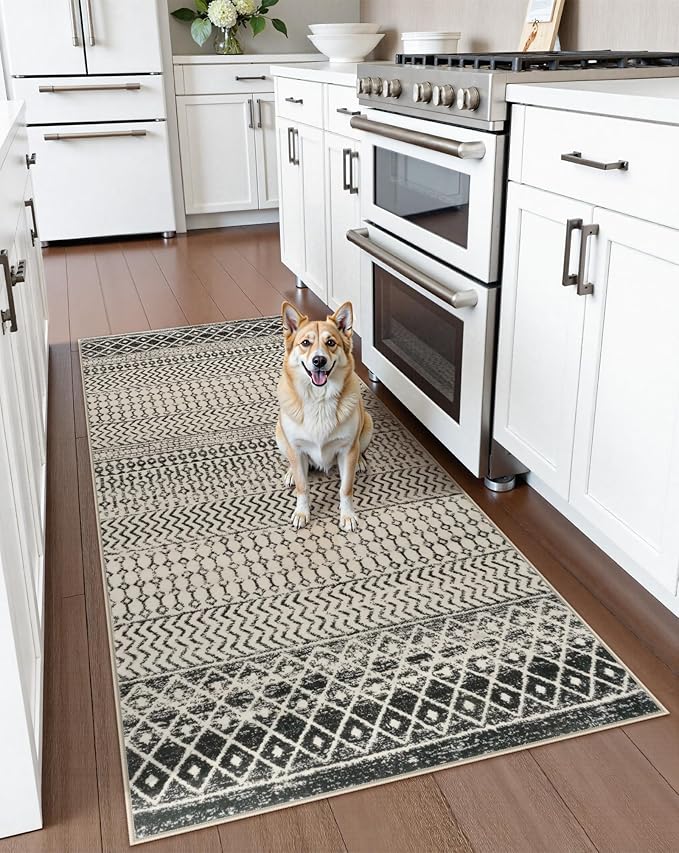 Moroccan Rug Runners for Hallways, 2x5 Ultra Soft Non-Slip Washable Rugs for Bedroom, Low Pile Distressed Black Rug Carpet Runner for Entryway Kitchen Bedroom Laundry Room