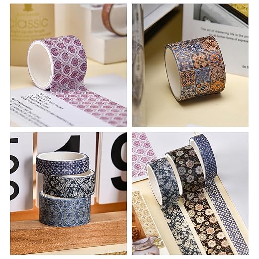 12 Rolls Exotic Charm Washi Tape Set Floral Arts Adhesive Tapes Geometric Garden Decorative Masking Tape Sets for Craft, Kids, Scrapbook, DIY, Gift Wrapping (Amethyst Elegance)