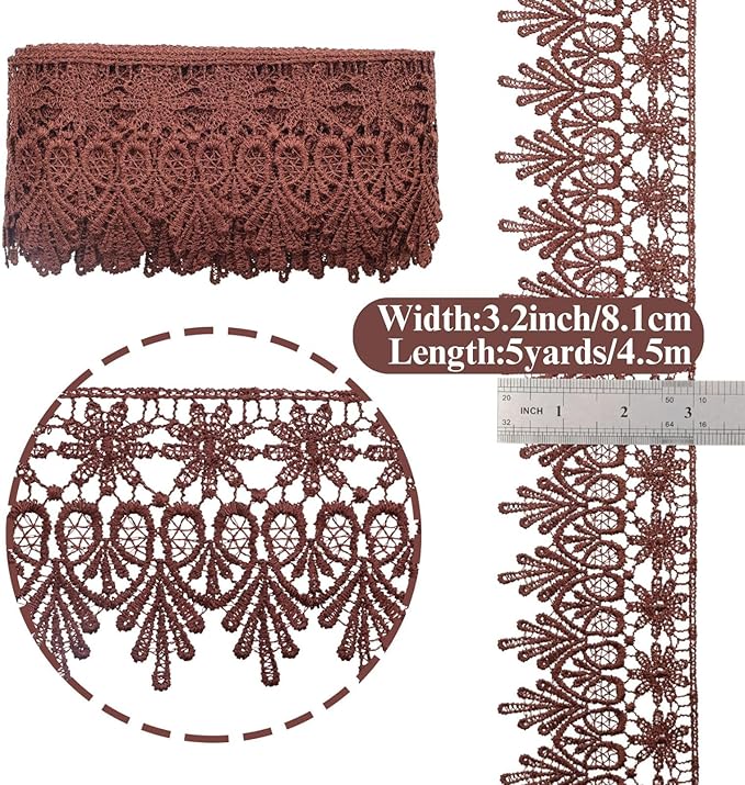 GXTIZAS Brown Lace Trim 5 Yards Wide Venise Lace Ribbon Embroidered Edge Trim for Sewing Crafts Pillow Case