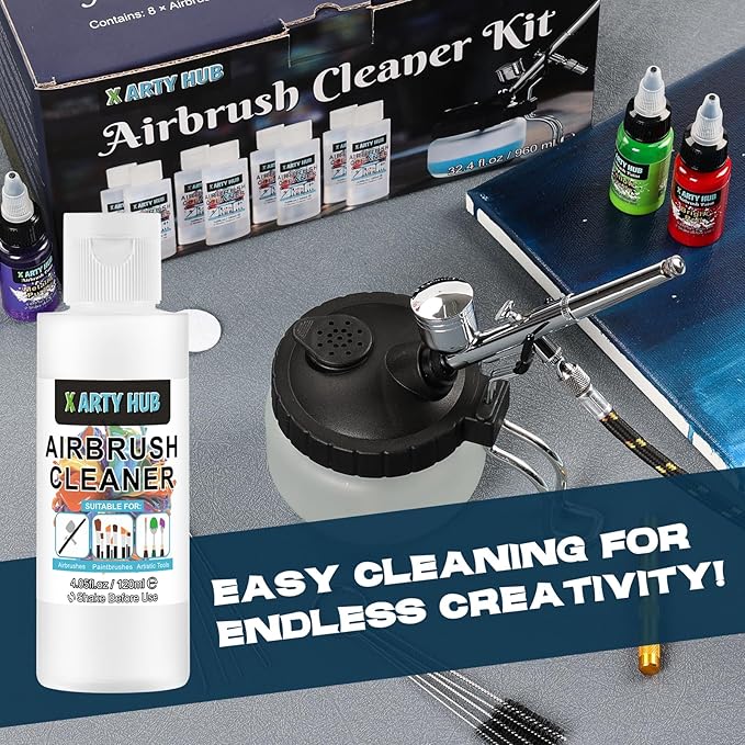 X ARTY HUB Airbrush Cleaning Kit - 8 * 4.05 fl oz / 120 ml Airbrush Cleaner with Glass Cleaning Pot, Easily Handle Water-Based and Acrylic Paints, for Airbrushes & Other Artistic Tools