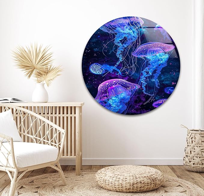 My Photostation.com 32Wx48H'' Glowing Jellyfish Glass Wall Art Tempered Glass Printing Wall Decor Large Wall Art Wall Hangings