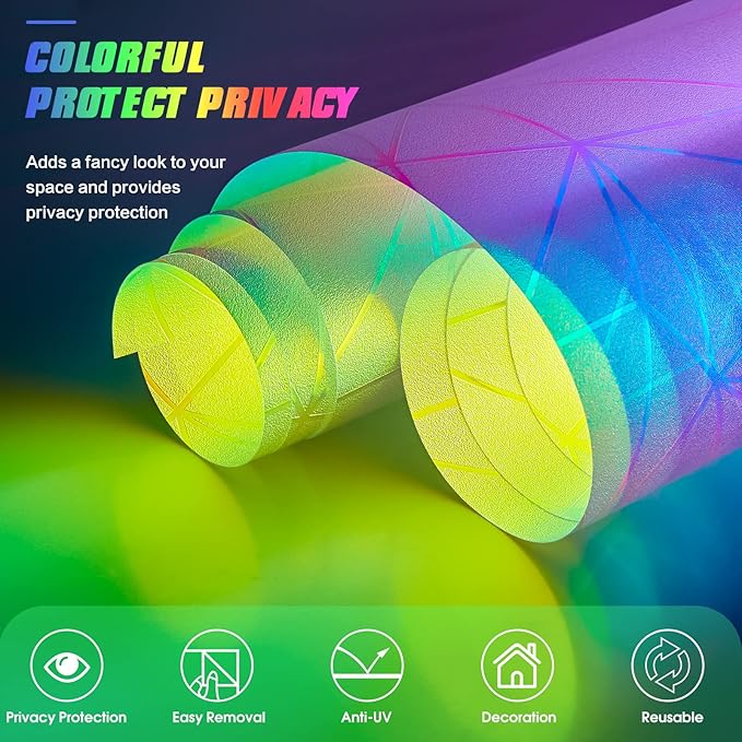 Coavas Rainbow Window Privacy Film, Frosted Glass Static Cling, Decorative Bathroom Door Cling, UV Blocking Day and Night Window Tint, Non-Adhesive Vinyl Sticker, 23.6x78.7 inches