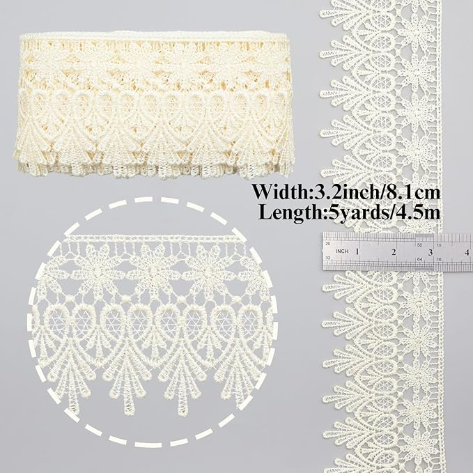 GXTIZAS Beige Lace Trim 5 Yards Wide Venise Lace Ribbon Embroidered Edge Trim for Sewing Crafts Pillow Case