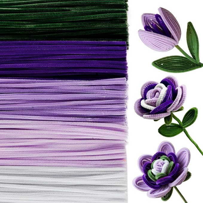 Caydo 500 Pieces Purple Flowers Pipe Cleaners, Chenille Stems, Pipe Cleaner Crafts for DIY Art and Craft Projects Creative Gift Party Decorations