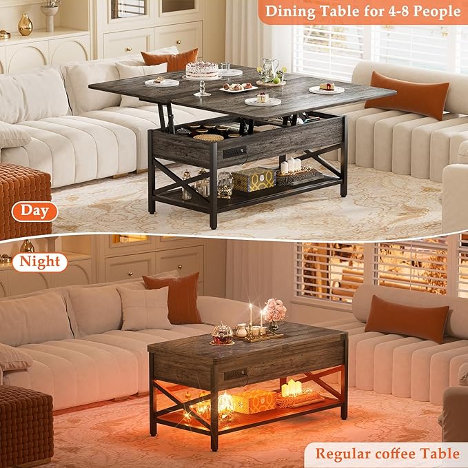 Aheaplus Coffee Table Lift Top Multi-Function Coffee Table Converts to Dining Table, with LED Light and Power Outlet, Center Table with Shelves for Living Room Reception Home Office, Black Oak