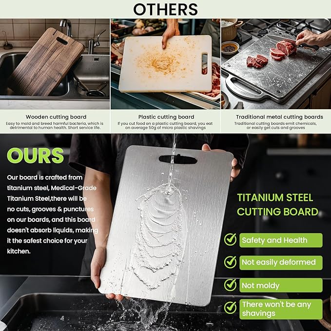 Titanium Cutting Board, 2025 New Upgrade 100% Pure Titanium Cutting Boards for Kitchen, Hygiene & Durability Non Stick Chopping Board, Double sided Cutting Mat, Easy to Clean (13 * 9)