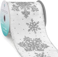 CT CRAFT LLC White Satin with Silver Snowflake Wired Ribbon 4 Inch x 10 Yards for Christmas Home Decor Tree Topper Bow Gift Wrapping DIY Crafts Wreath Garland