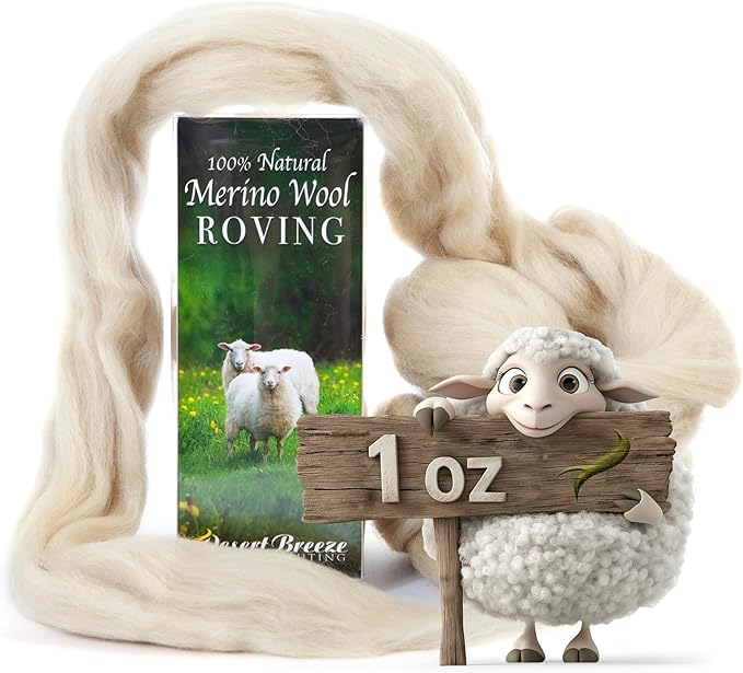 Desert Breeze Distributing 100% Natural Merino Wool Roving - Premium Combed Top Merino Roving Wool - Tapestry, Spinning, Wet Felting & Needle Felting Supplies - 21.5 Micron - 1 oz, Color Parchment