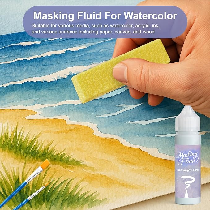 1DFAUL 60ml Masking Fluid for Watercolor Painting, Art Watercolor Masking Fluid Precise White Space, Easy Peel-Off, Water Based Latex, for Artists, Beginners, DIY Canvas Protection (Blue)